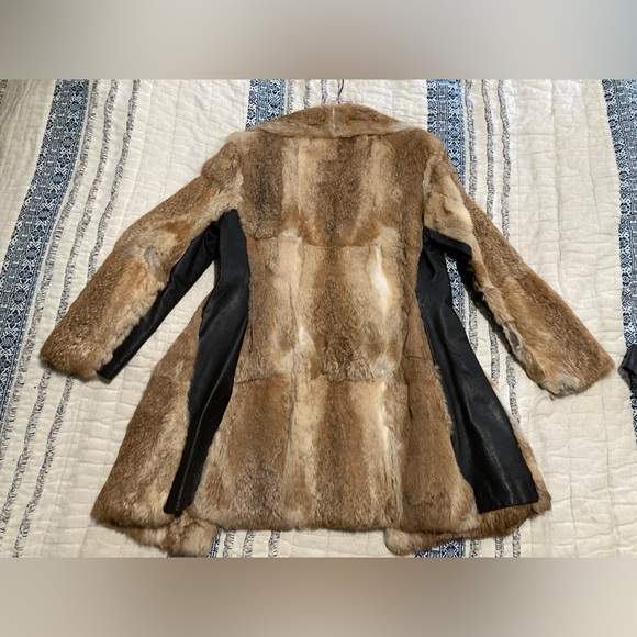 Montgomery Ward vintage 1976 brown Rabbit and black leather fur coat Penny Lane - Picture 5 of 12